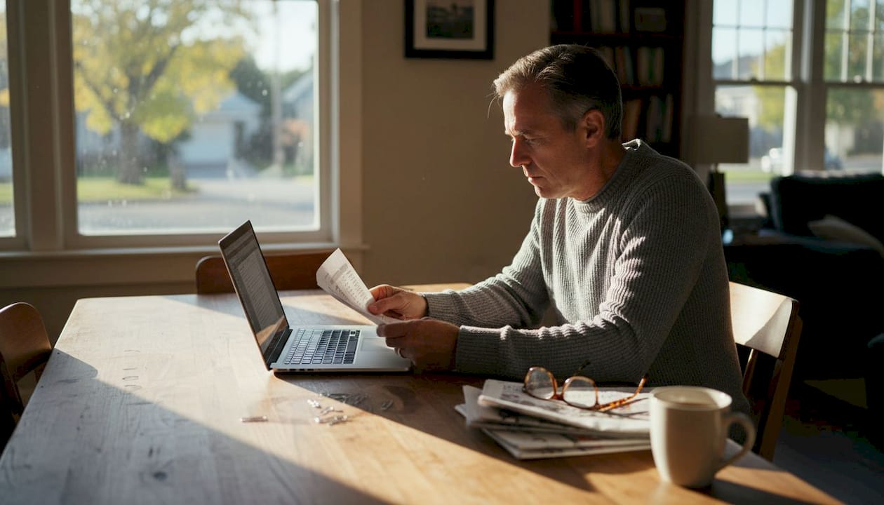 Man entering economic data at dining table workspace