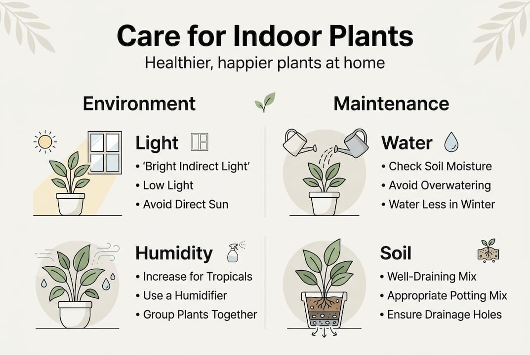 Infographic covering indoor plant care essentials