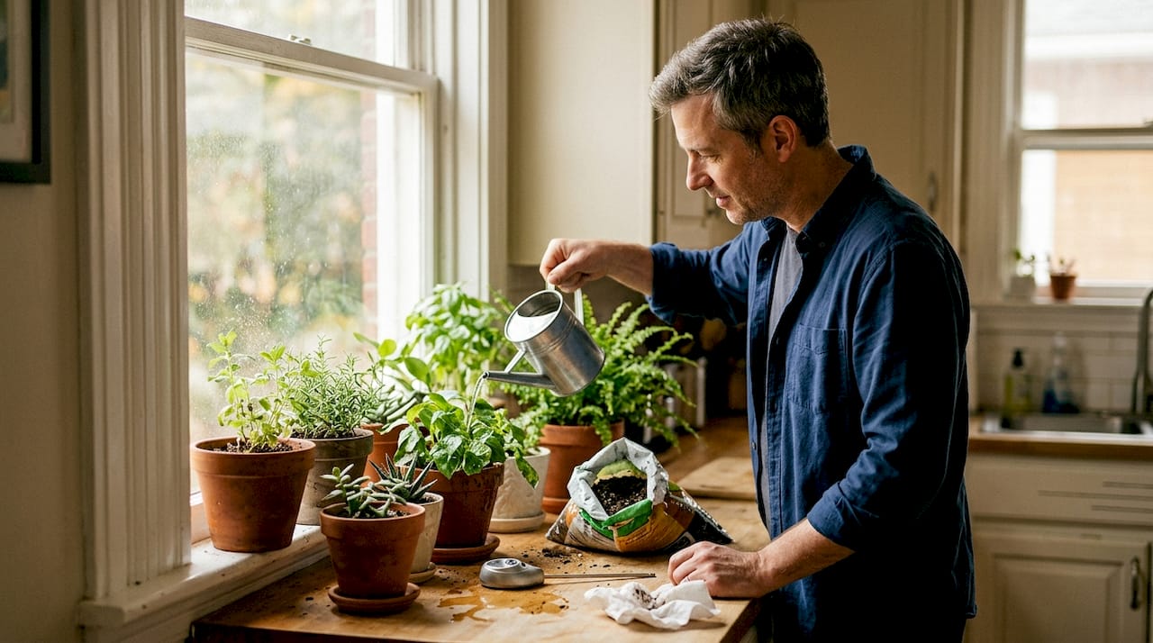Man watering houseplants in sunlit kitchen