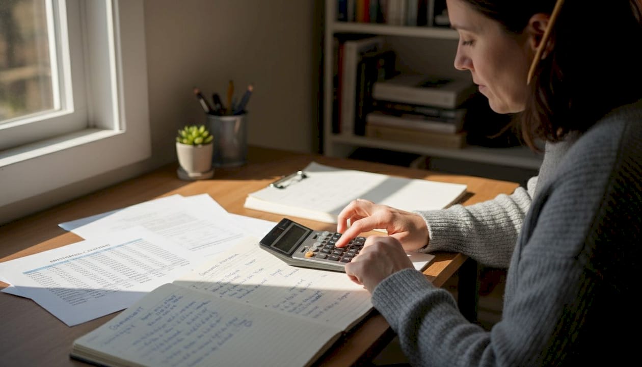 Woman calculates dividends at home office desk
