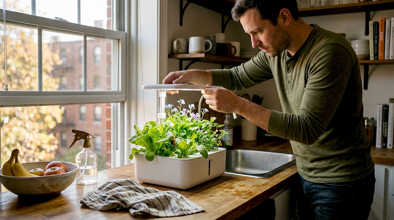 Man tending indoor hydroponic garden in kitchen