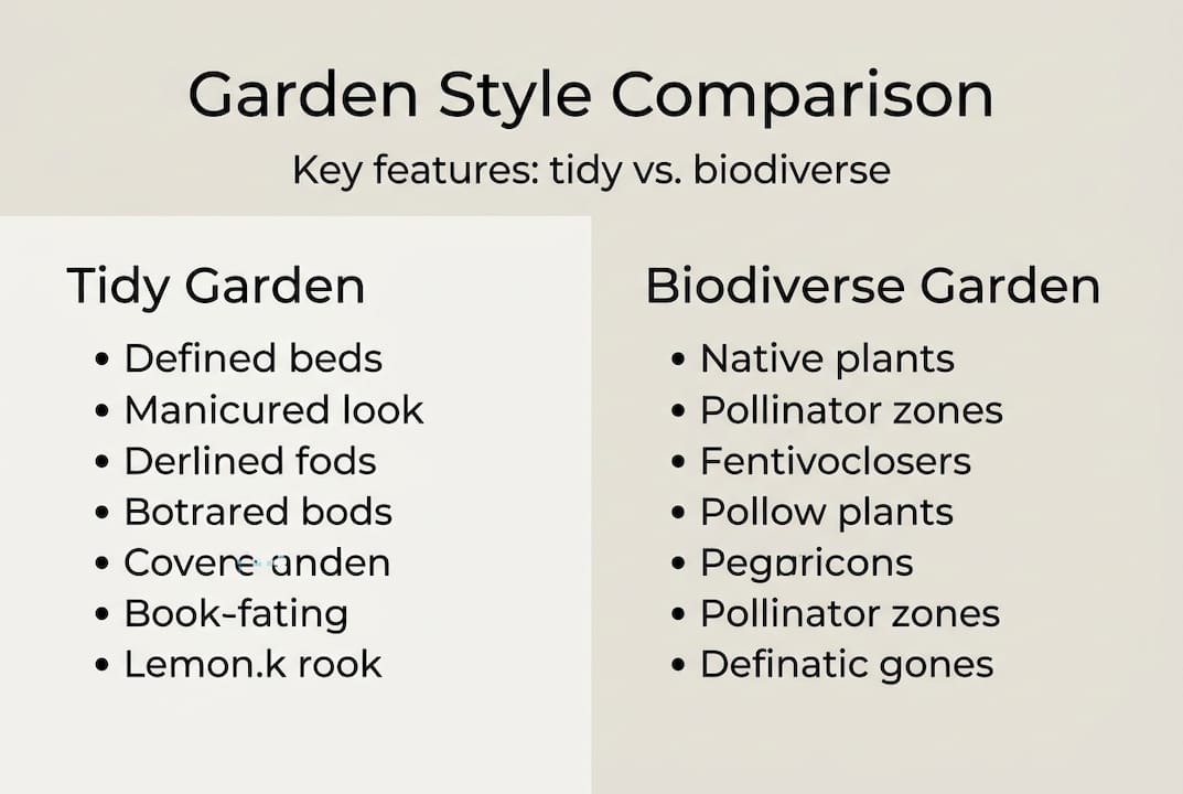 Infographic comparing tidy and biodiverse gardens