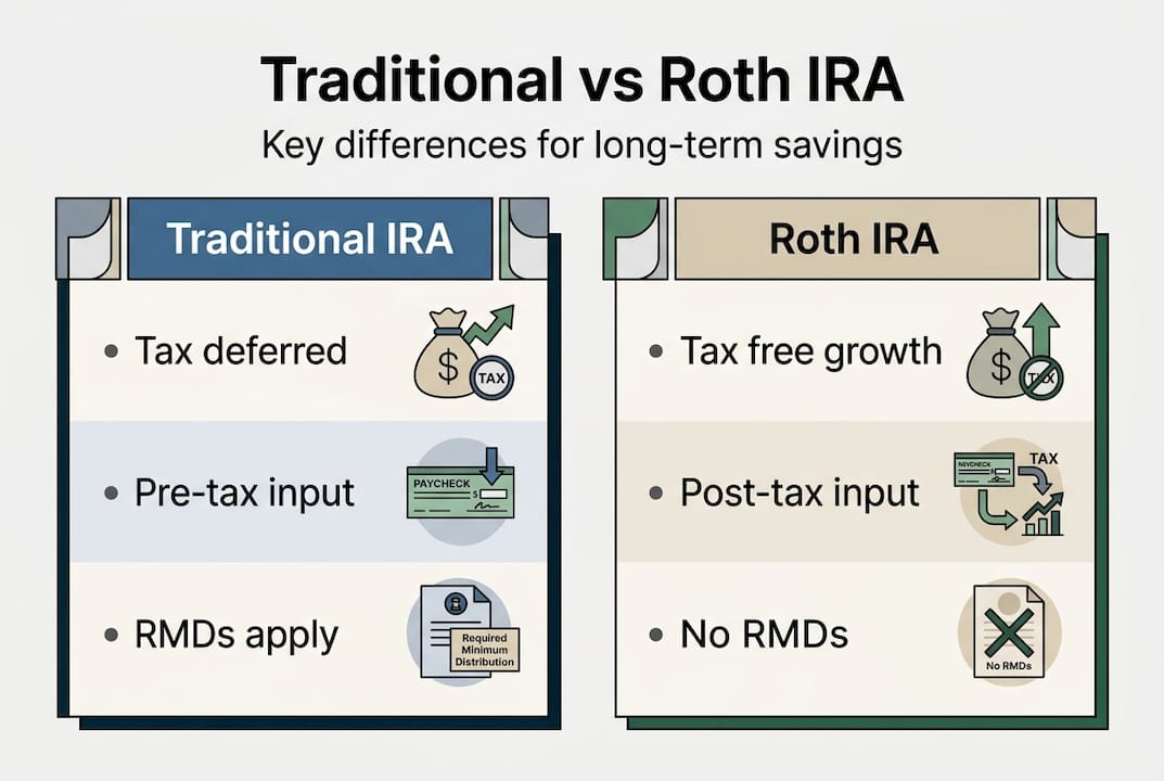Infographic comparing Traditional and Roth IRA features