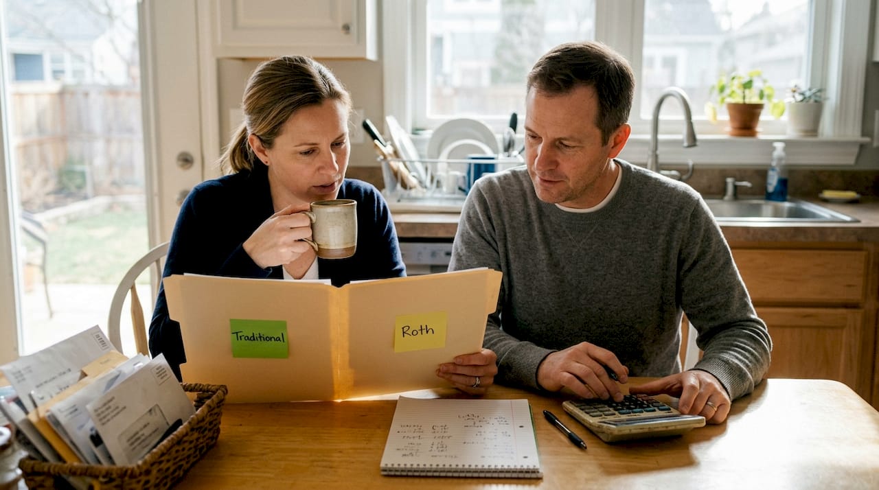 Couple comparing IRA options at kitchen table