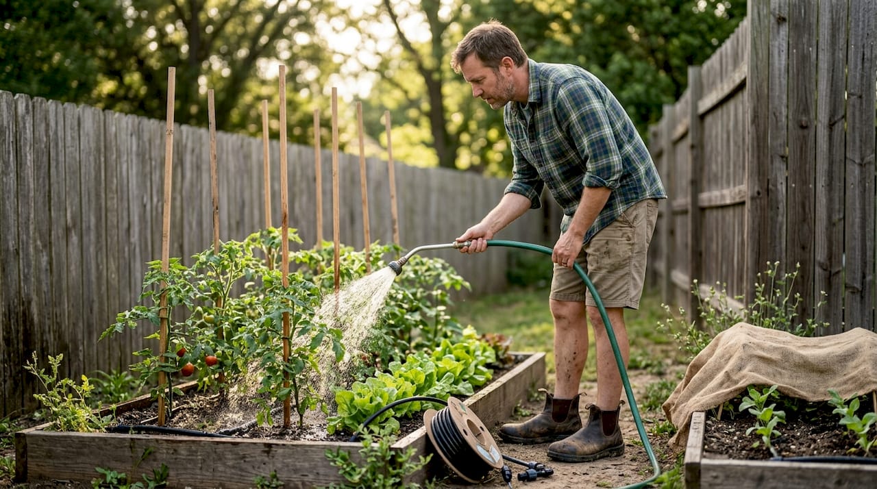 Man watering small backyard vegetable garden