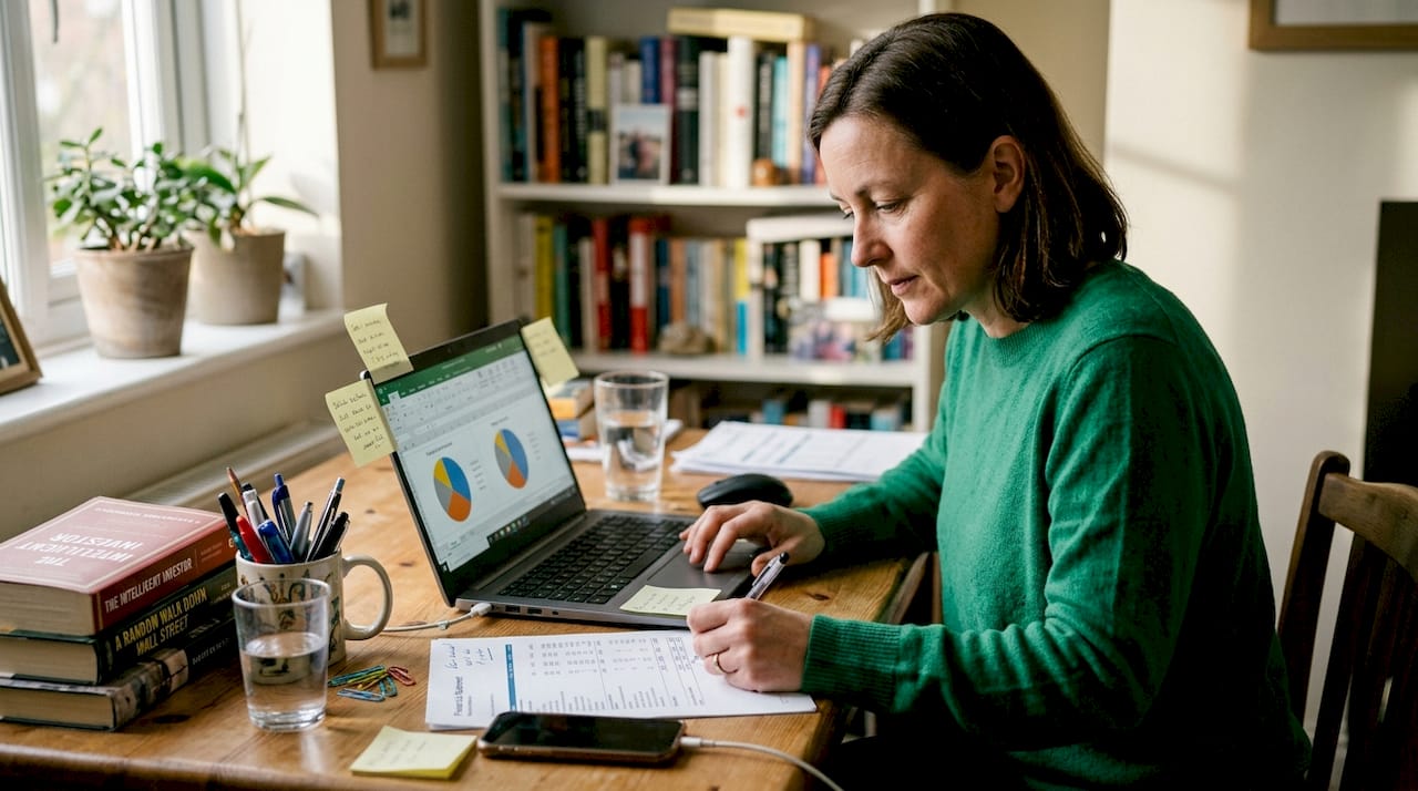 Woman updating portfolio allocations at her desk