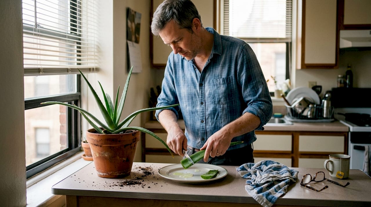 Man harvesting aloe vera leaf at kitchen counter