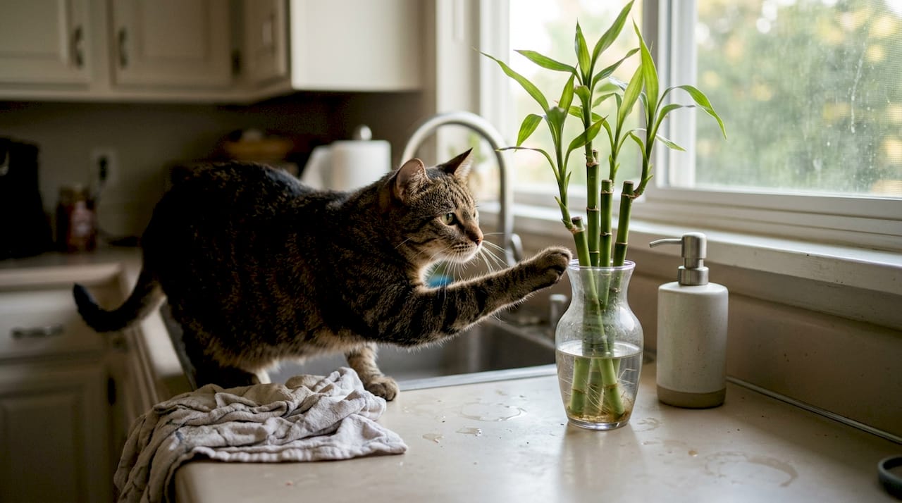 Cat reaching toward lucky bamboo vase