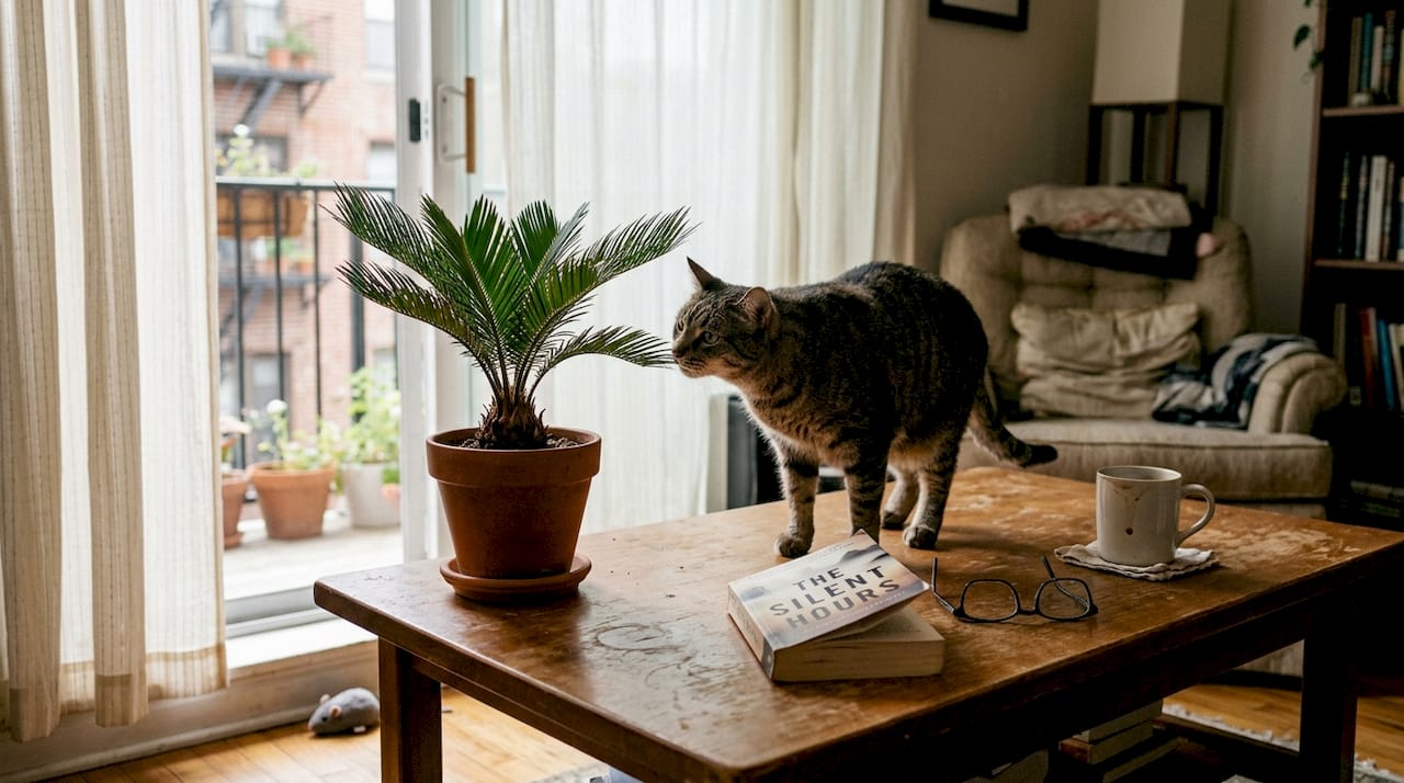 Cat investigating potted sago palm indoors