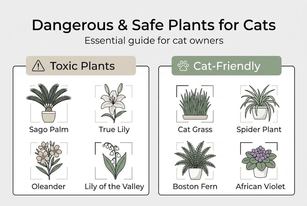 Infographic with toxic and safe plants for cats