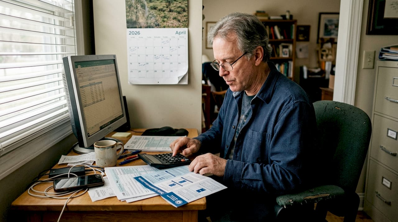 Man calculating IRA savings in home office