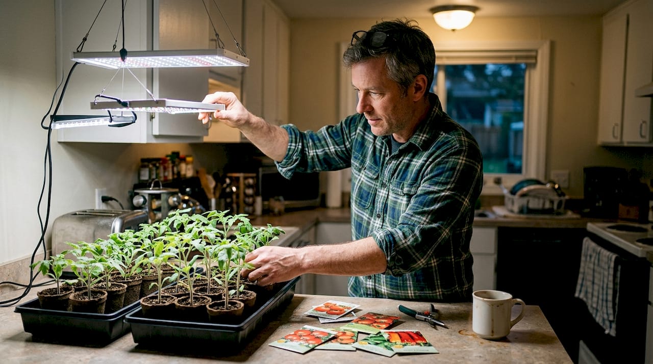 Man arranging LED lights for kitchen seedlings