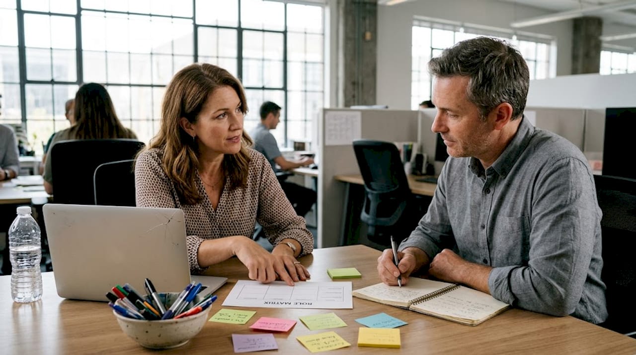 Managers discuss succession plan at conference table