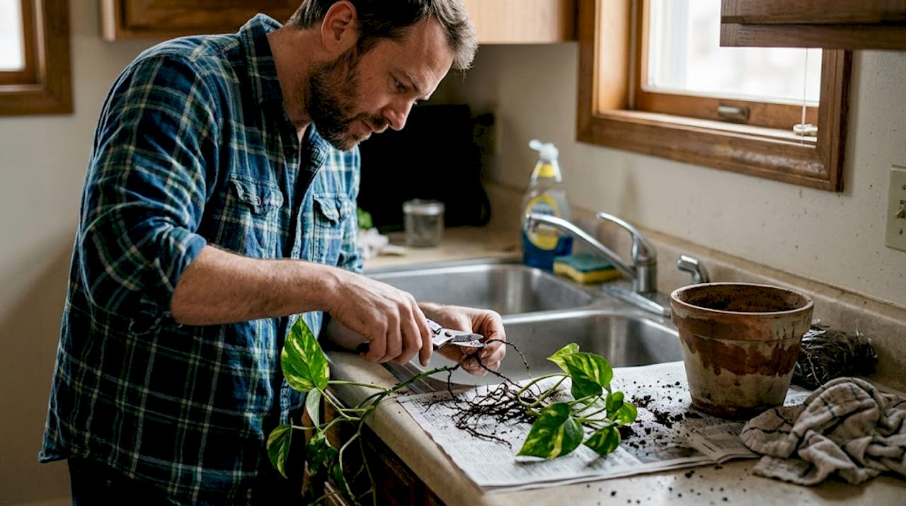 Man trimming pothos roots in kitchen sink