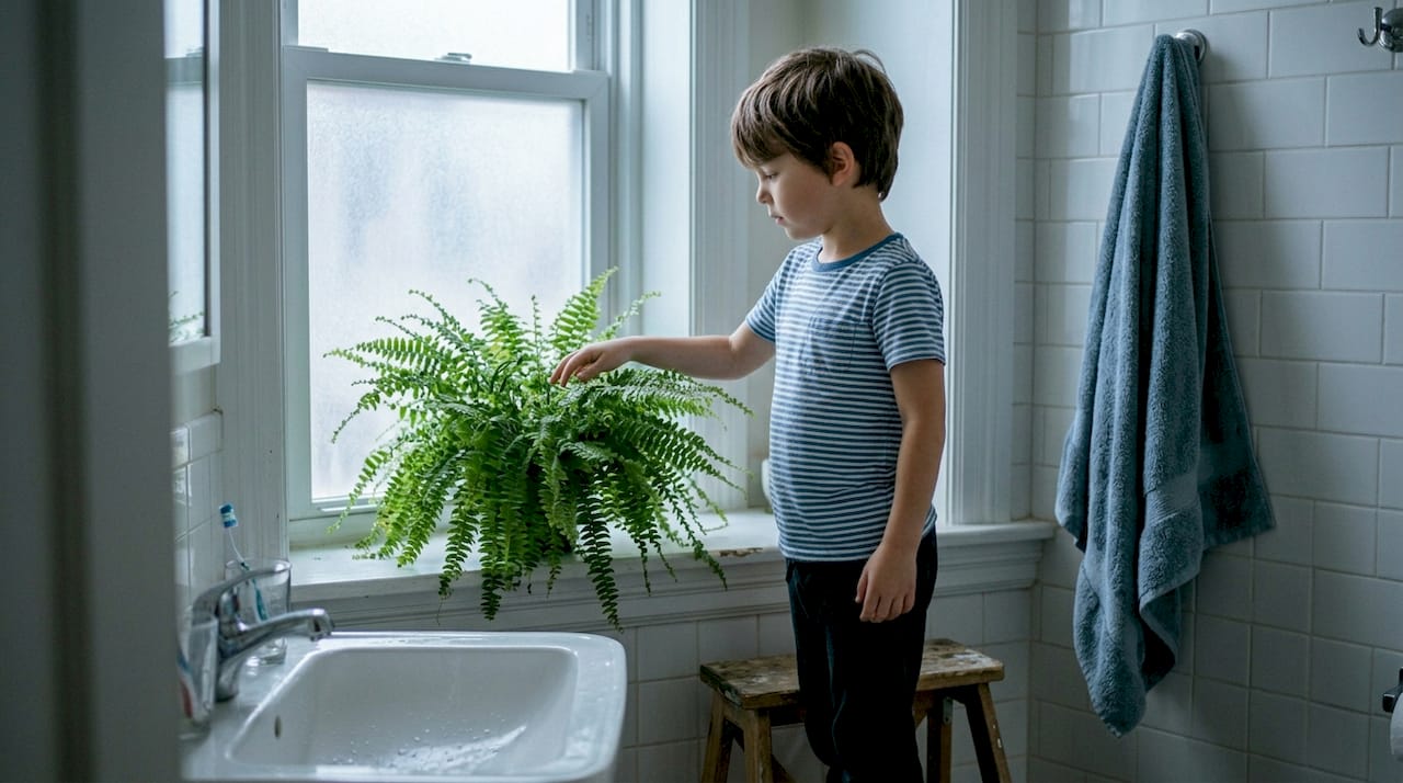 Child exploring boston fern in bright bathroom