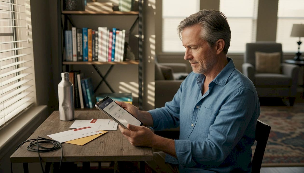 Man organizing three bank accounts at desk