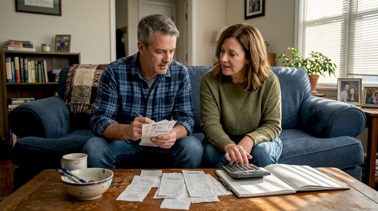 Couple budgeting with bills and calculator