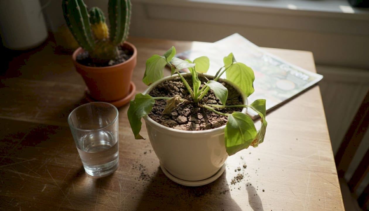 Dry topsoil on indoor houseplant closeup