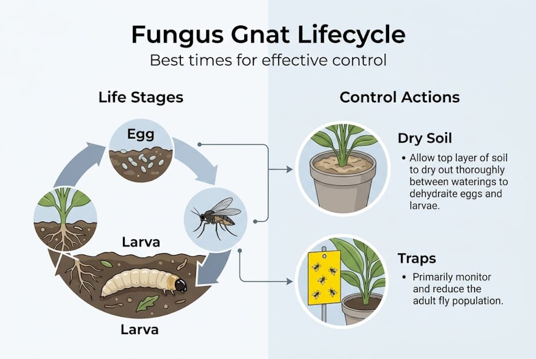 Infographic showing fungus gnat lifecycle stages and controls