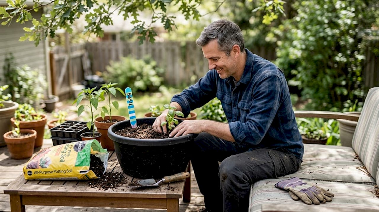 Man planting veggies in patio containers