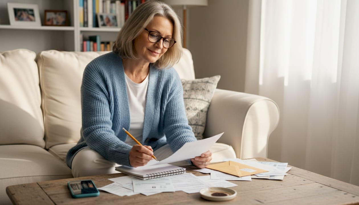 Woman organizing finances with paperwork at home