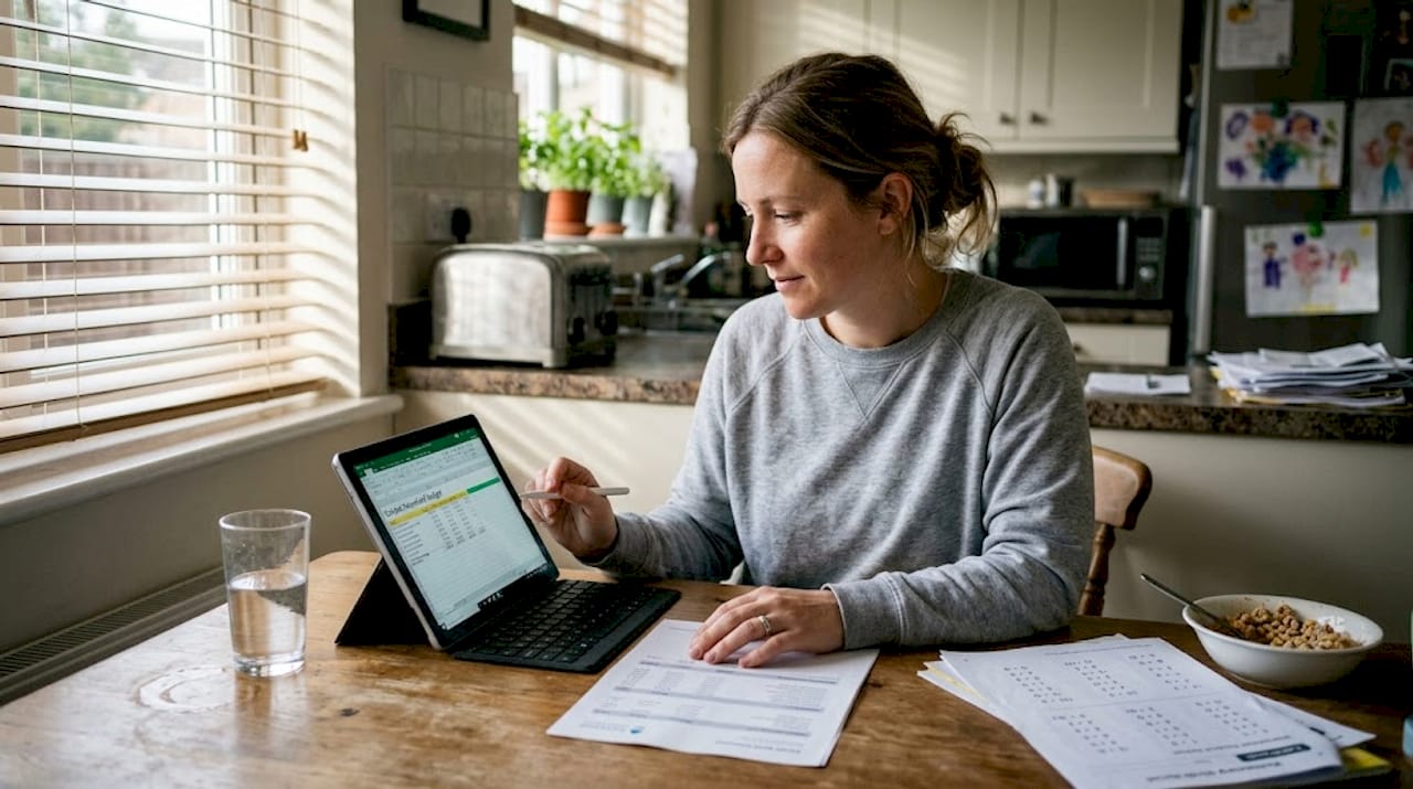 Woman checking budget in home kitchen