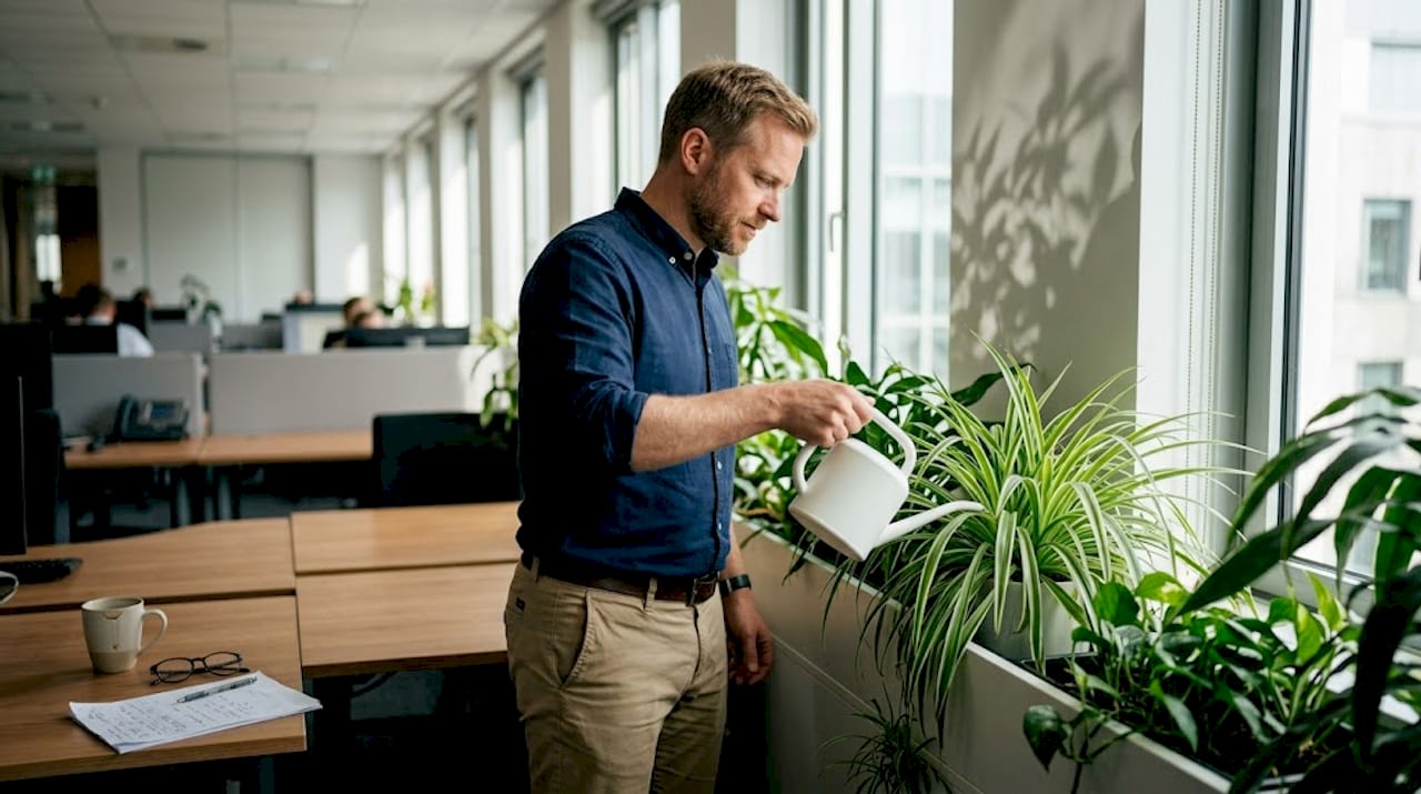 Employee watering plants in office workspace