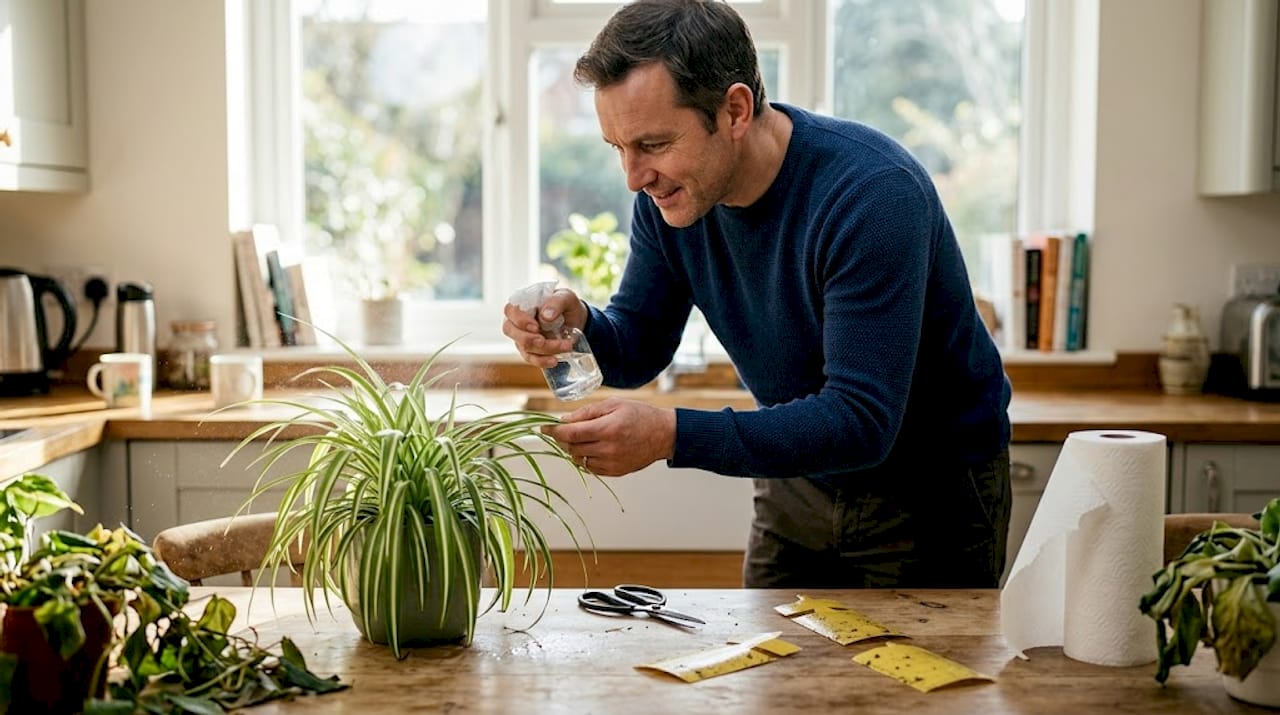 Man spraying houseplant leaves against pests