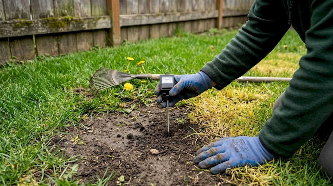 Testing lawn soil with handheld pH meter