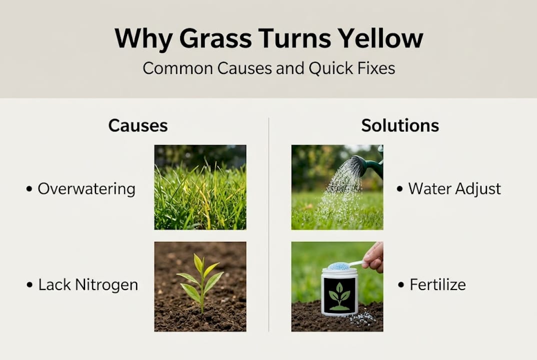Infographic summarizing causes and fixes for yellow grass