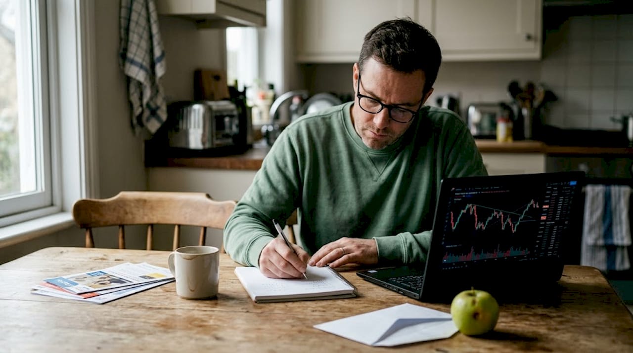 Man tracking investments at kitchen table