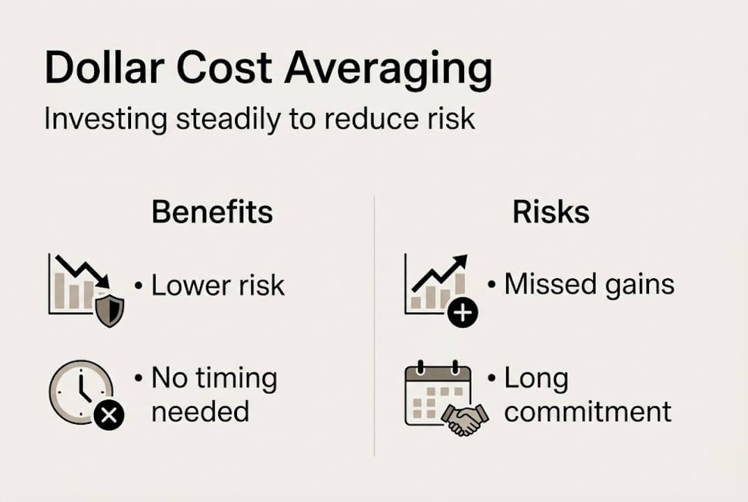 Infographic summarizing dollar cost averaging benefits and risks