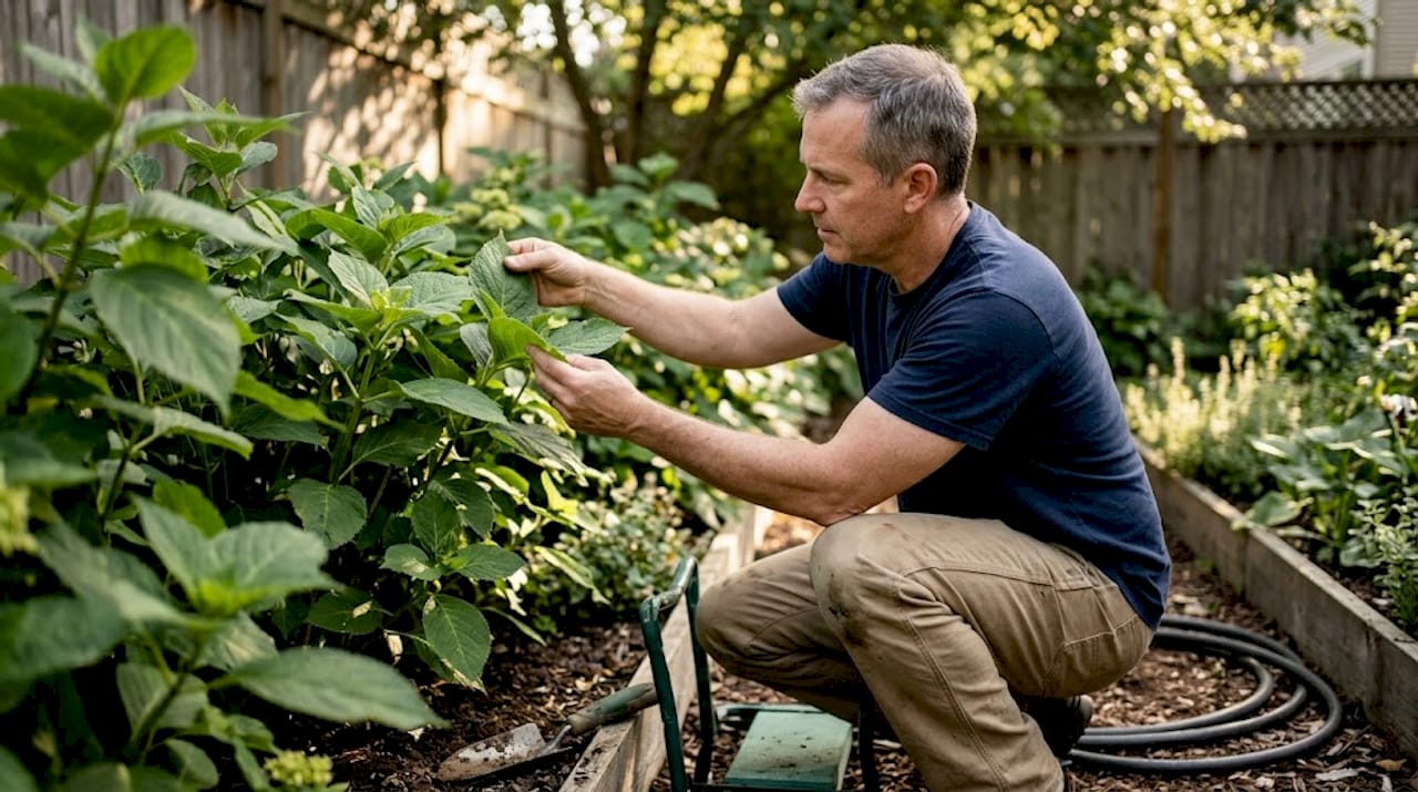 Gardener inspecting backyard plants for issues