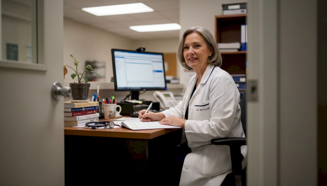 Woman tracking investments at kitchen table