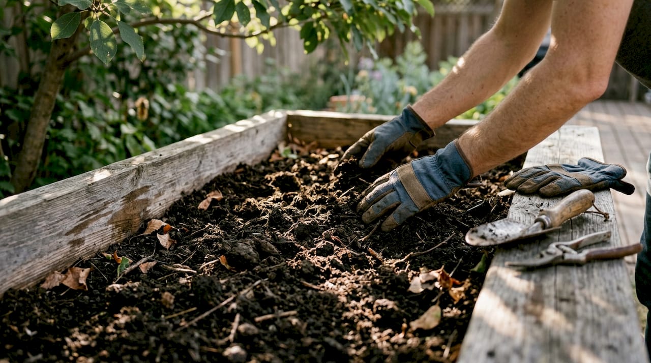 Hands spreading compost in garden bed