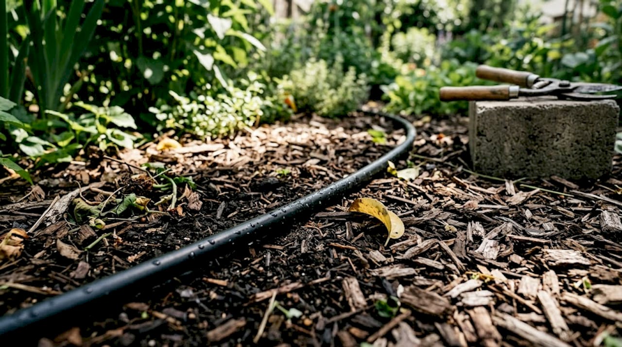 Drip irrigation line with mulch in garden bed