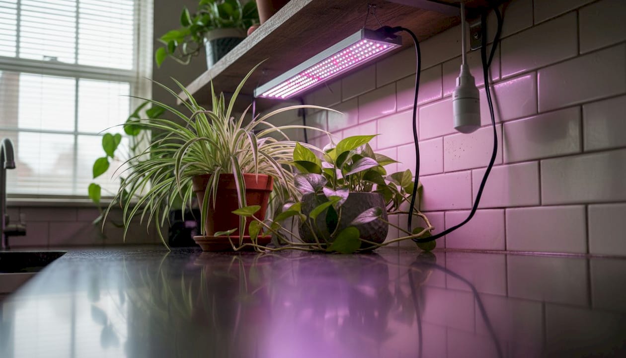 LED grow light above indoor plant shelf