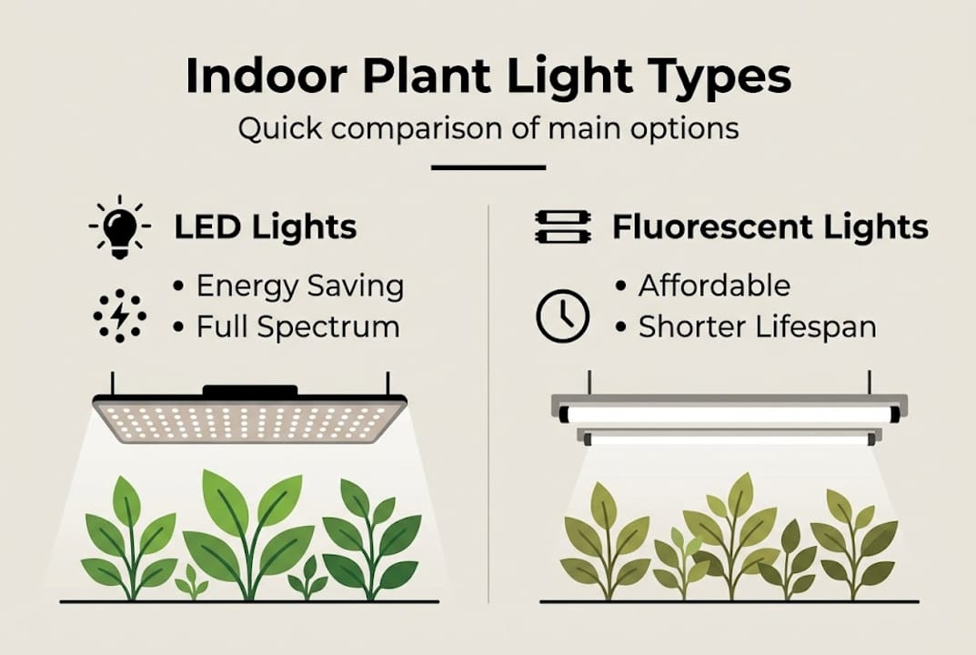 Infographic comparing indoor plant light types