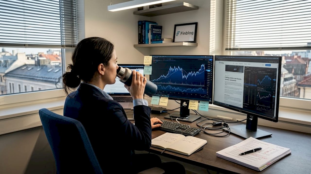 Market analyst studies charts at office desk