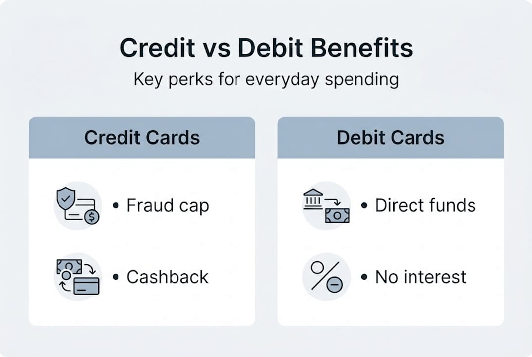 Infographic comparing credit and debit card benefits