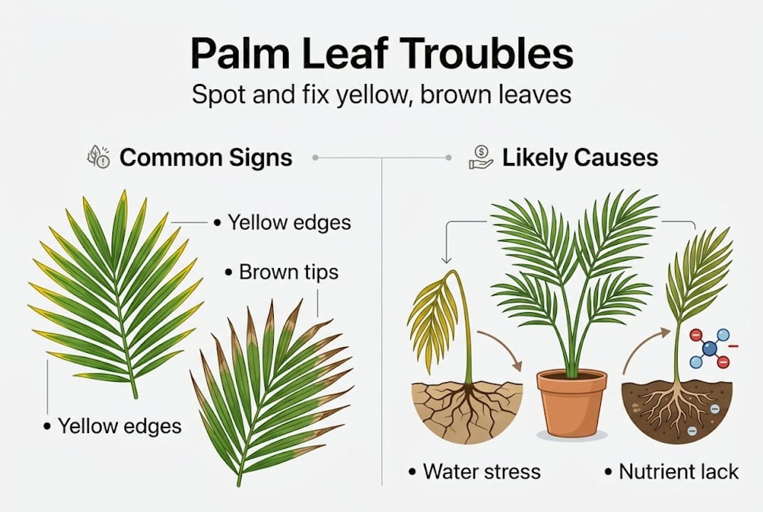 Infographic showing palm leaf signs and common causes