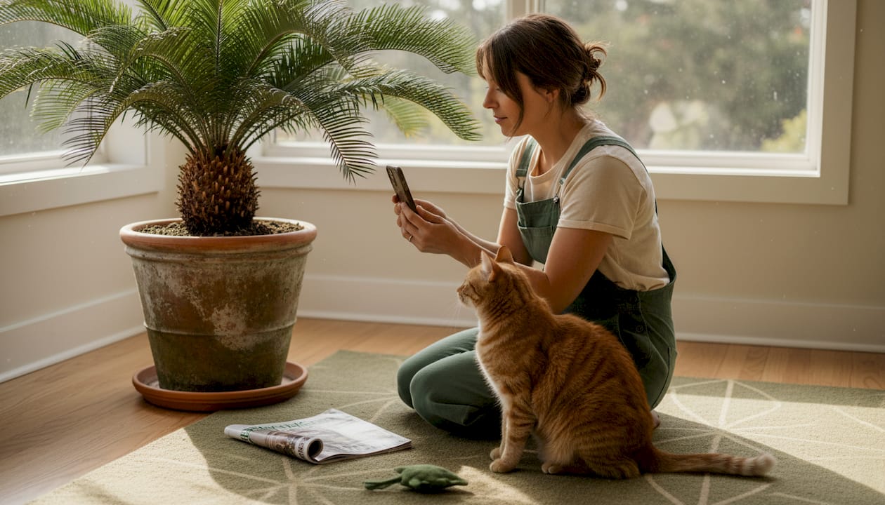 Owner inspecting plant with kitty nearby