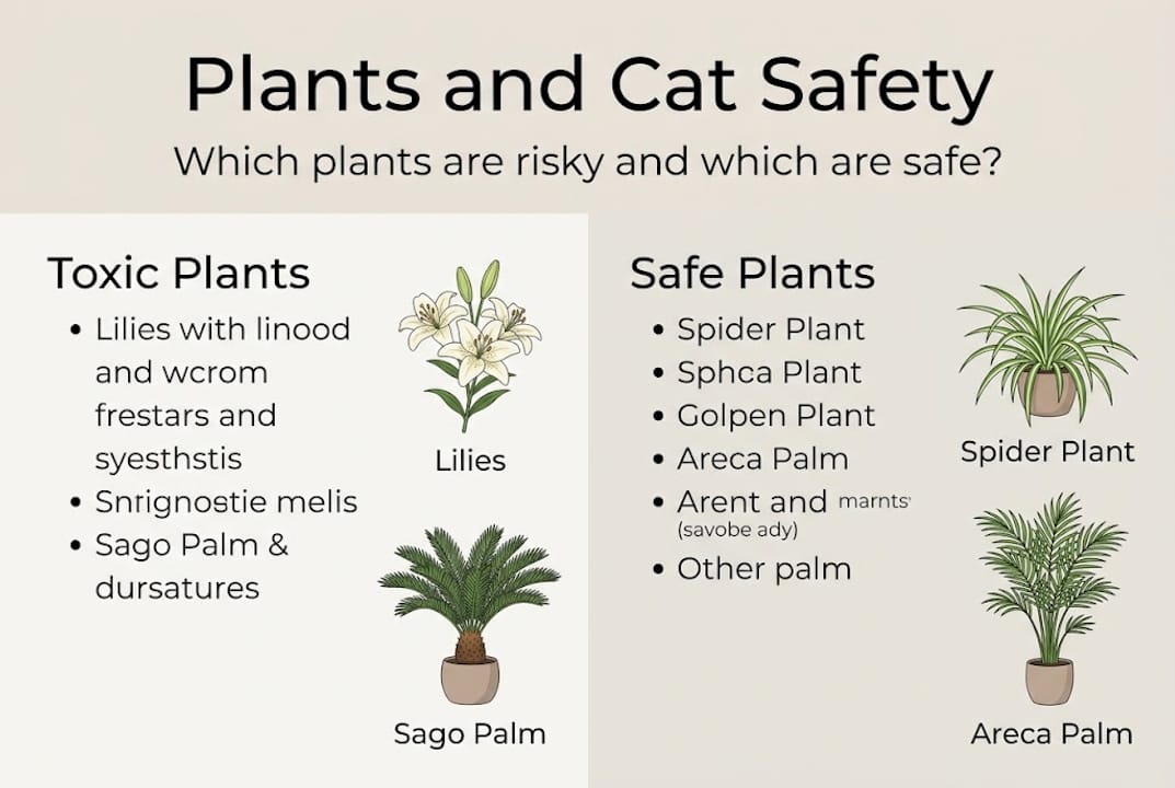 Infographic showing toxic and safe plants for cats