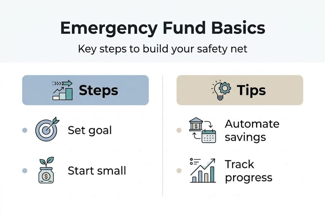 Infographic showing steps and tips for emergency funds
