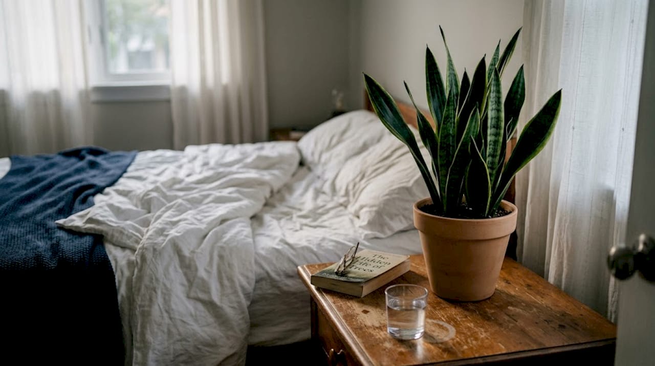 Snake plant on bedroom nightstand scene