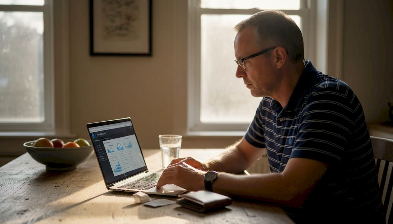 Man entering investments at kitchen table