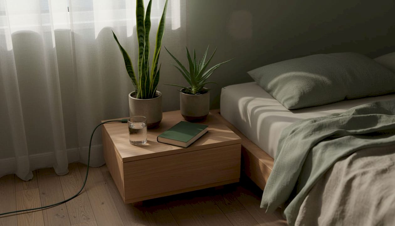 Bedroom with nightstand and indoor plants