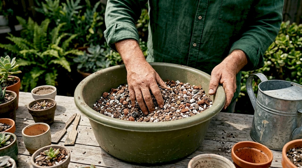 Hands mixing gritty cactus potting soil