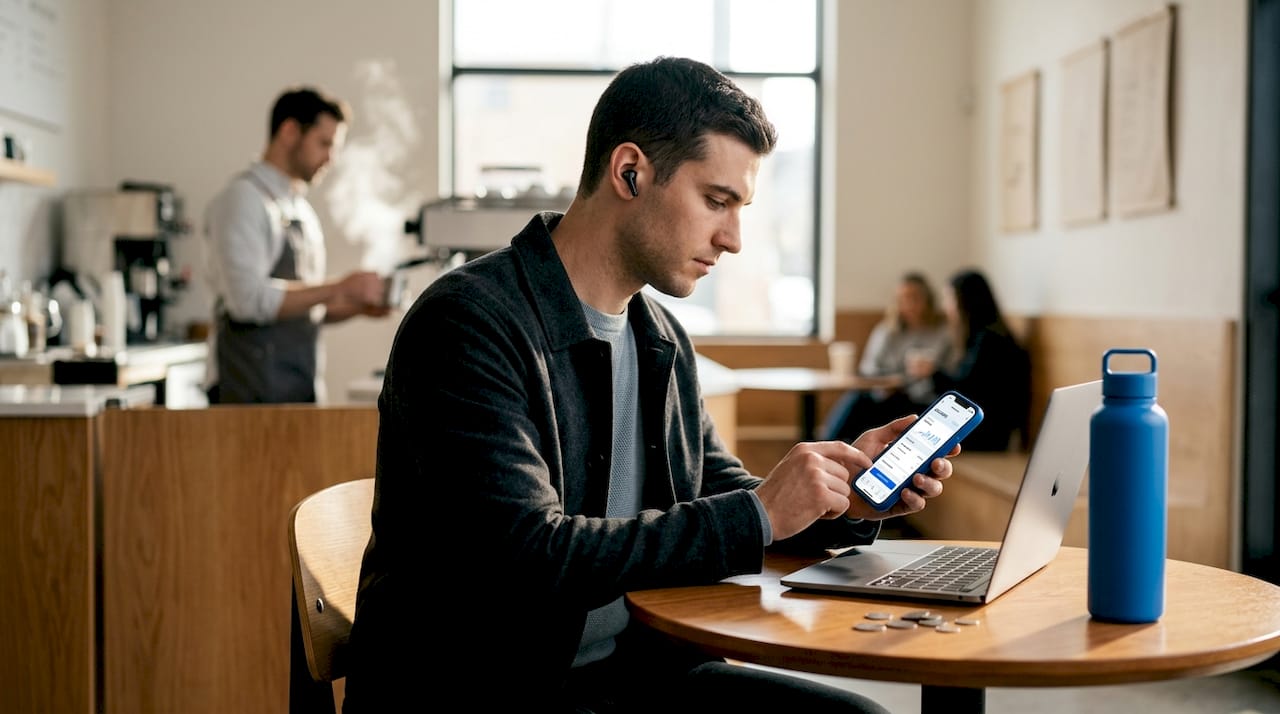 Man using banking app in coffee shop