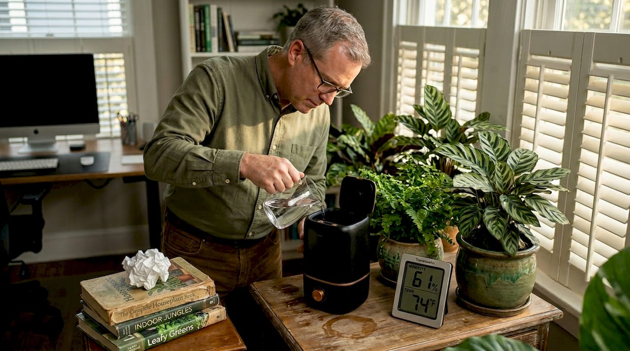 Man managing indoor plant humidity in office